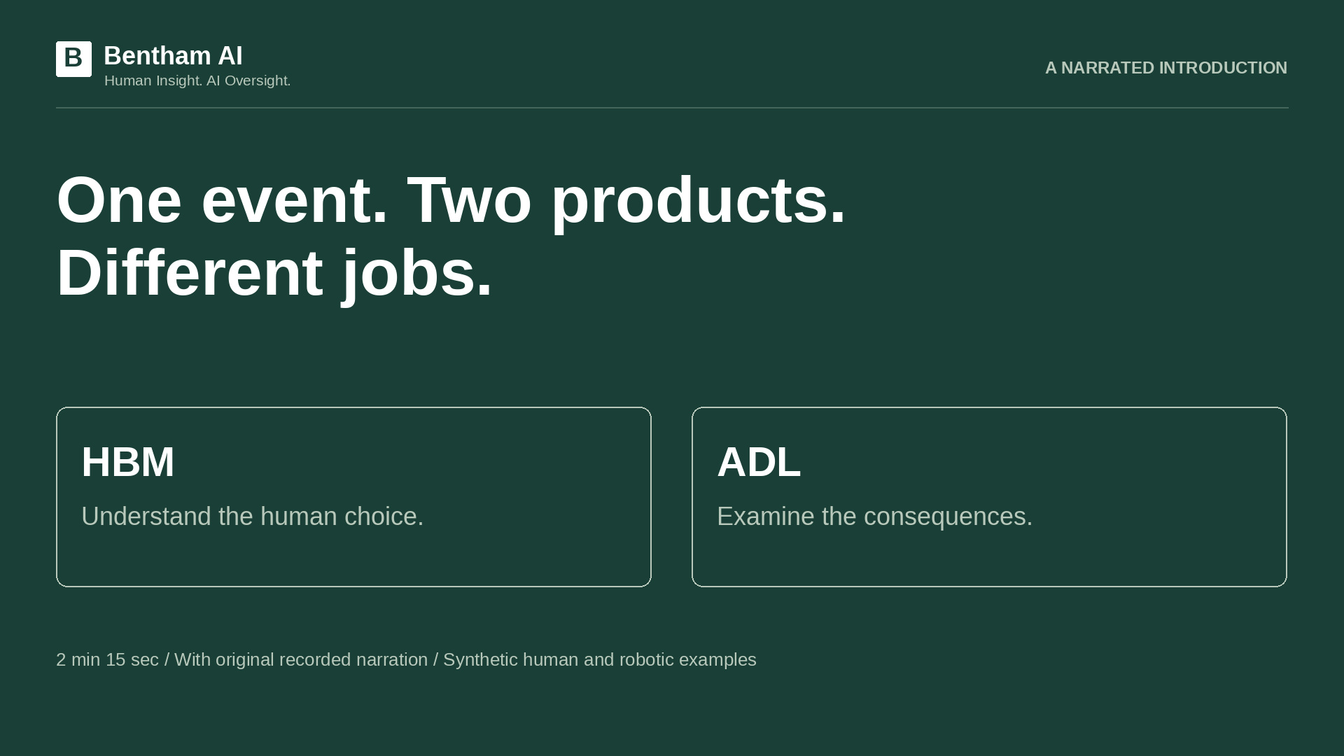 One event. Two products. Different jobs. HBM: understand the human choice. ADL: examine the consequences.